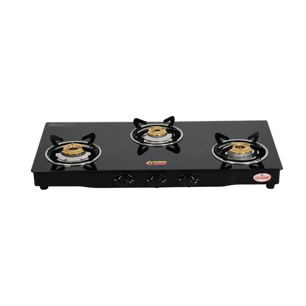 Vansh Homes 3 Burner Glass Top Gas Stove – Direct Flame Forged Brass Burners, Toughened Glass, ISI Certified, Easy Clean Design (VH-3B-301-GT)