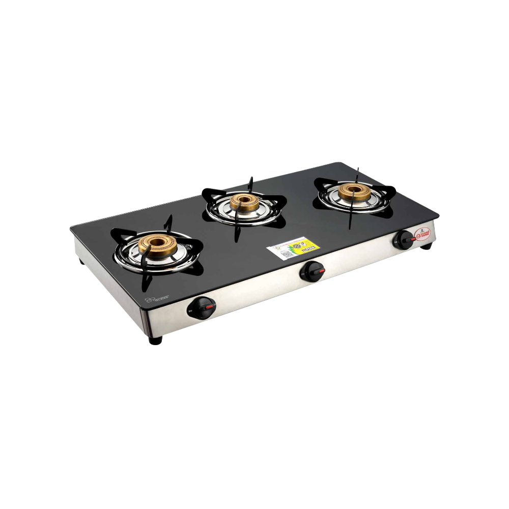 Vansh Homes 3 Burner Glass Top Gas Stove – Direct Flame Forged Brass Burners, Toughened Glass, ISI Certified, Easy Clean Design (VH-3B-302-GT)