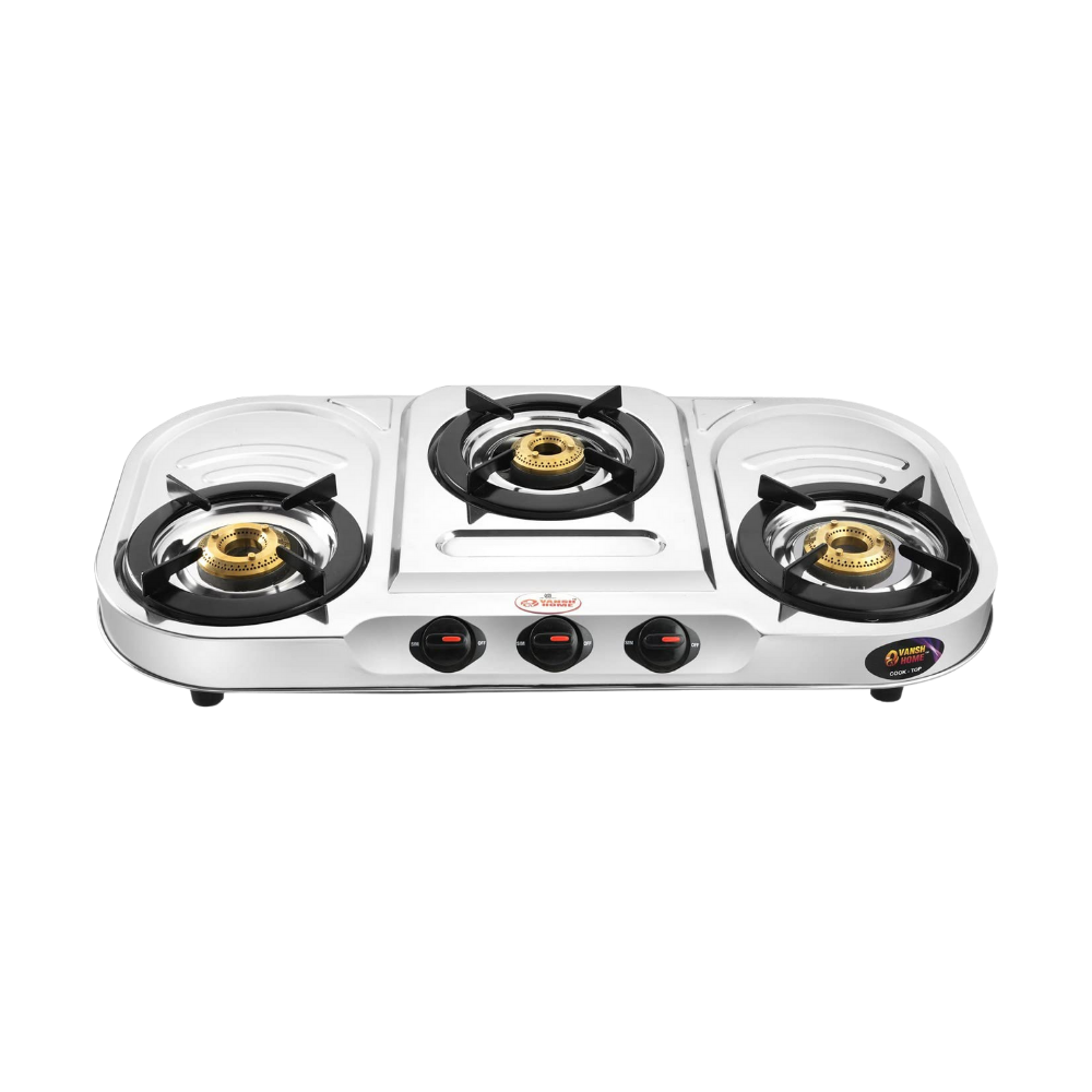 Vansh Homes Flame 3 Burner Stainless Steel LPG Gas Stove – TripleCook Cooktop, High-Efficiency Brass Burners, BIS Certified (VH-3B-302)