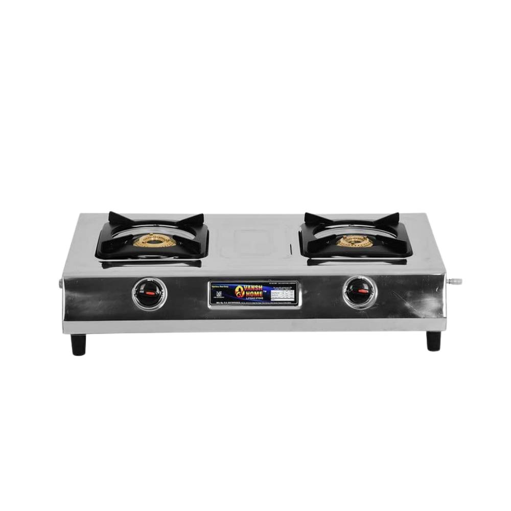 Vansh Homes Royal 2 Burner Stainless Steel LPG Gas Stove – High-Powered Brass Burners, Manual Ignition, ISI Certified, 360° Rotating Nozzle (VH-2B-203)