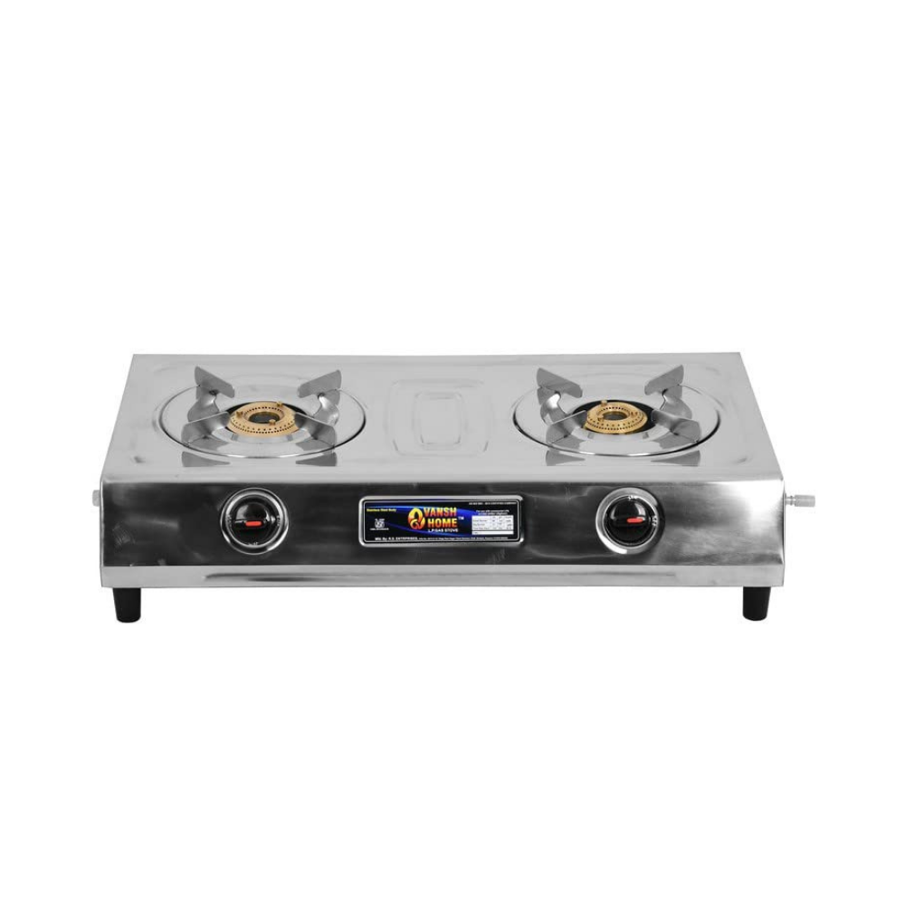 Vansh Homes Royal 2 Burner Stainless Steel LPG Gas Stove – High-Powered Brass Burners, Manual Ignition, ISI Certified, 360° Rotating Nozzle (VH-2B-204)