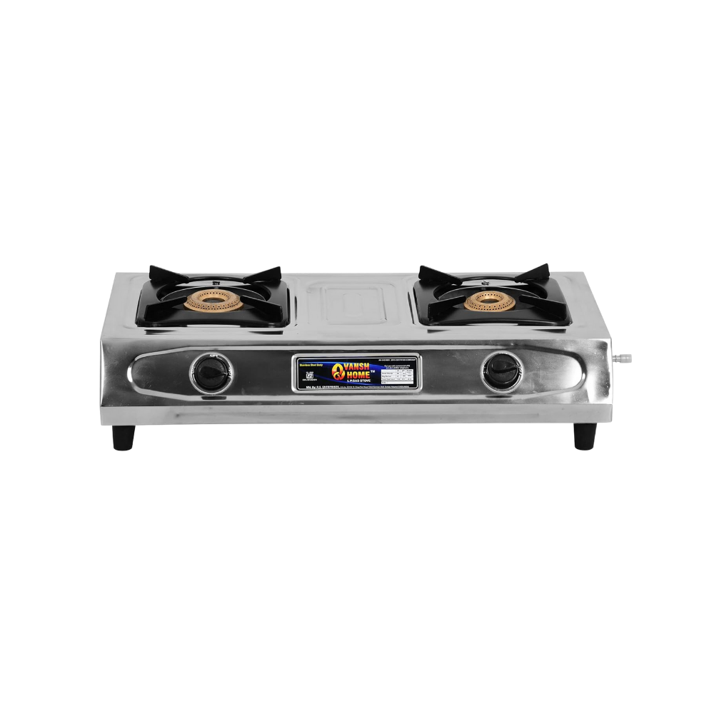 Vansh Homes Royal 2 Burner Stainless Steel LPG Gas Stove – High-Powered Brass Burners, Manual Ignition, ISI Certified, 360° Rotating Nozzle (VH-2B-202)