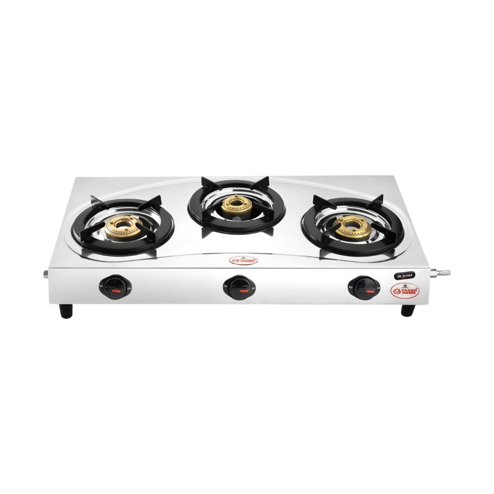 Vansh Homes Flame 3 Burner Stainless Steel LPG Gas Stove – TripleCook Cooktop, High-Efficiency Brass Burners, BIS Certified (VH-3B-304)