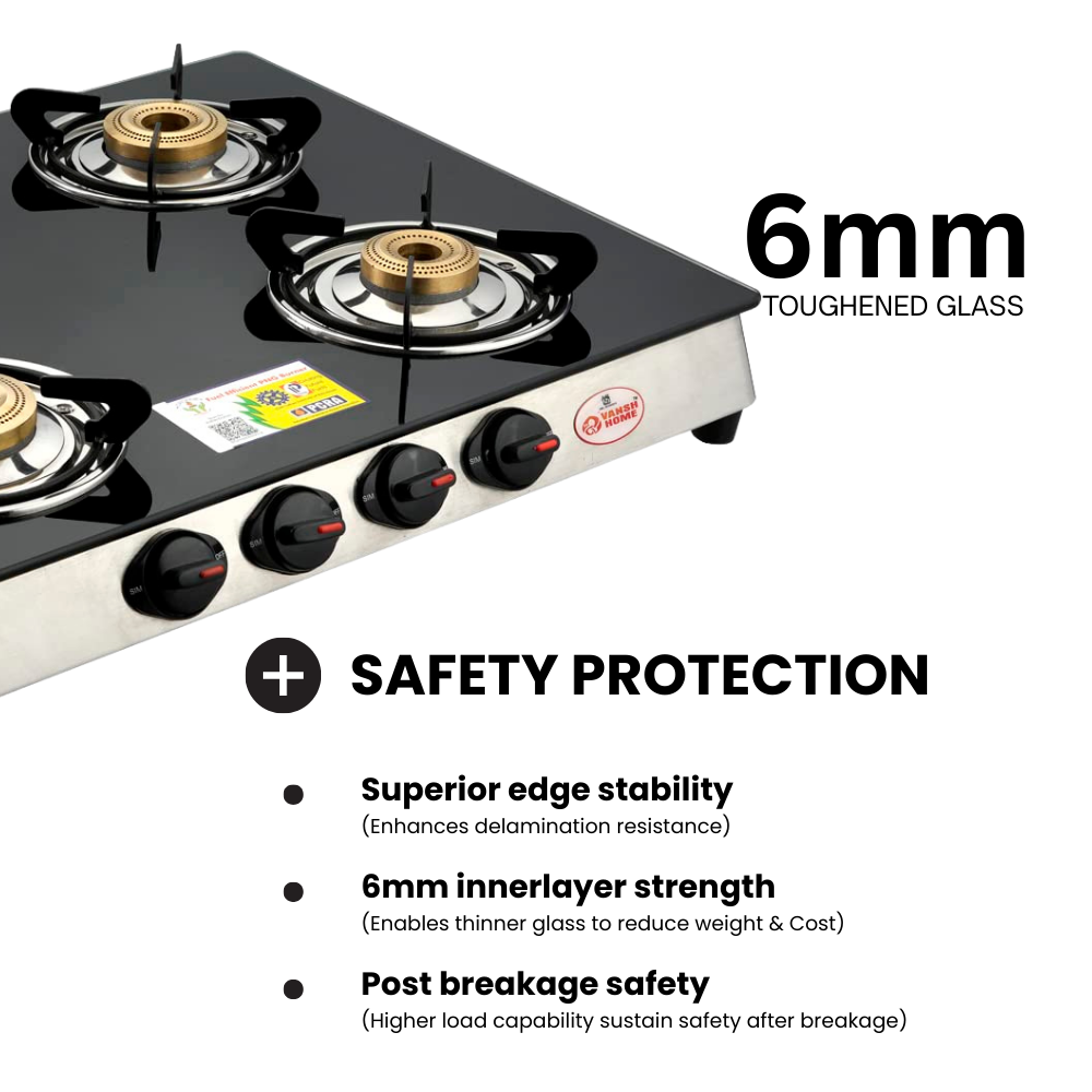 Vansh Home Glass Top Gas Stove, 4 Burner Gas Stove, Black (ISI Certified,1 year warranty) (VH-4B-402 GT)