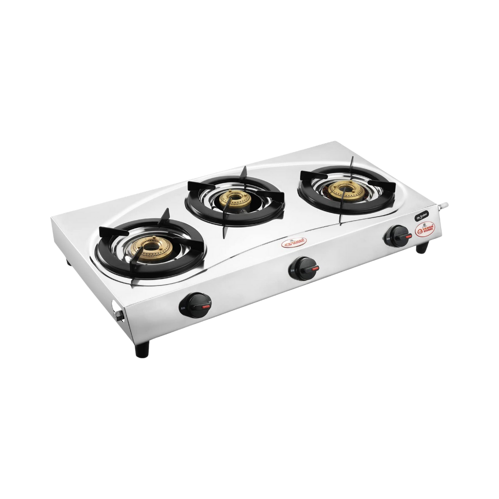 Vansh Homes Flame 3 Burner Stainless Steel LPG Gas Stove – TripleCook Cooktop, High-Efficiency Brass Burners, BIS Certified (VH-3B-304)