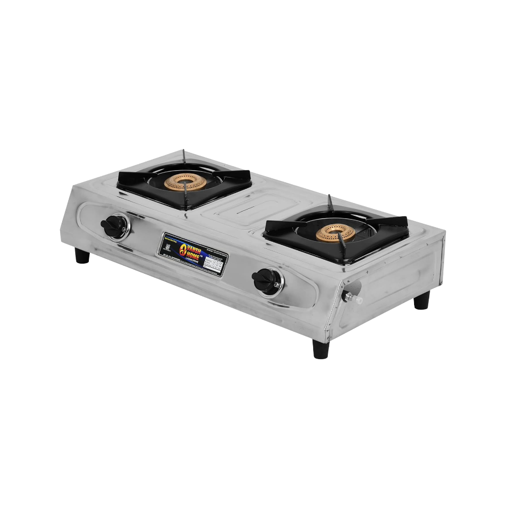 Vansh Homes Royal 2 Burner Stainless Steel LPG Gas Stove – High-Powered Brass Burners, Manual Ignition, ISI Certified, 360° Rotating Nozzle (VH-2B-202)