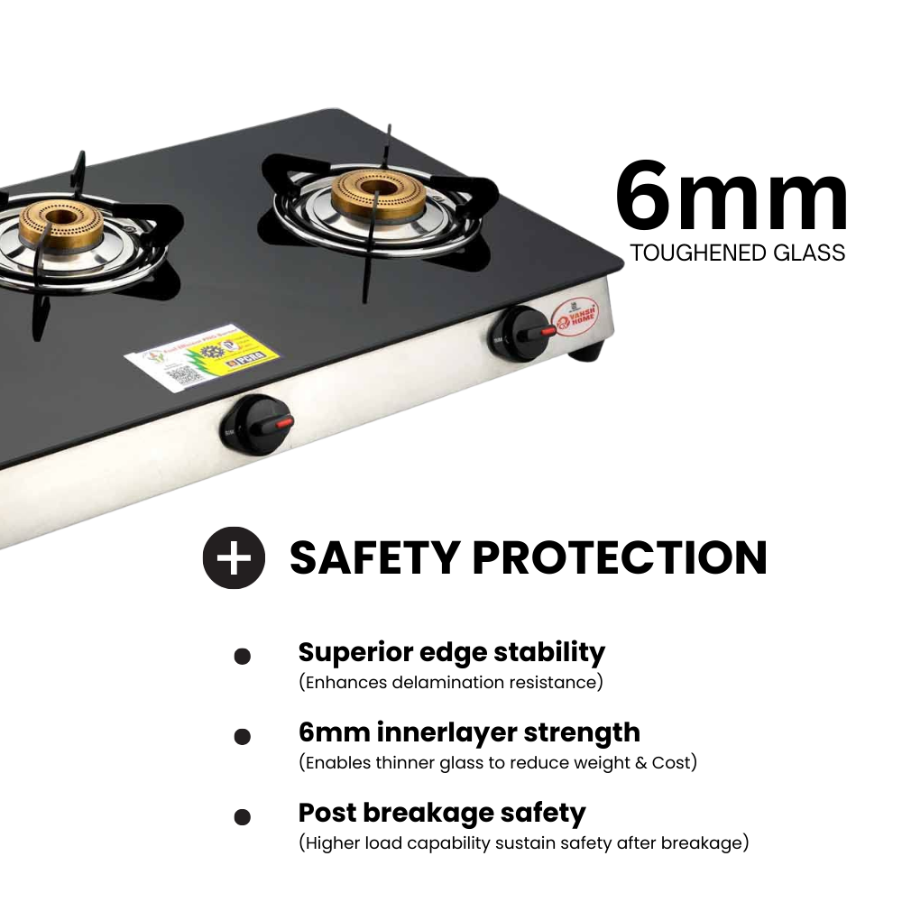 Vansh Homes 3 Burner Glass Top Gas Stove – Direct Flame Forged Brass Burners, Toughened Glass, ISI Certified, Easy Clean Design (VH-3B-302-GT)