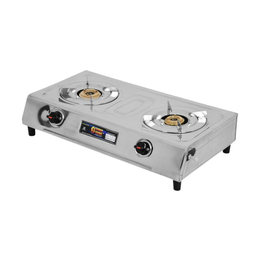 Vansh Homes Royal 2 Burner Stainless Steel LPG Gas Stove – High-Powered Brass Burners, Manual Ignition, ISI Certified, 360° Rotating Nozzle (VH-2B-204)