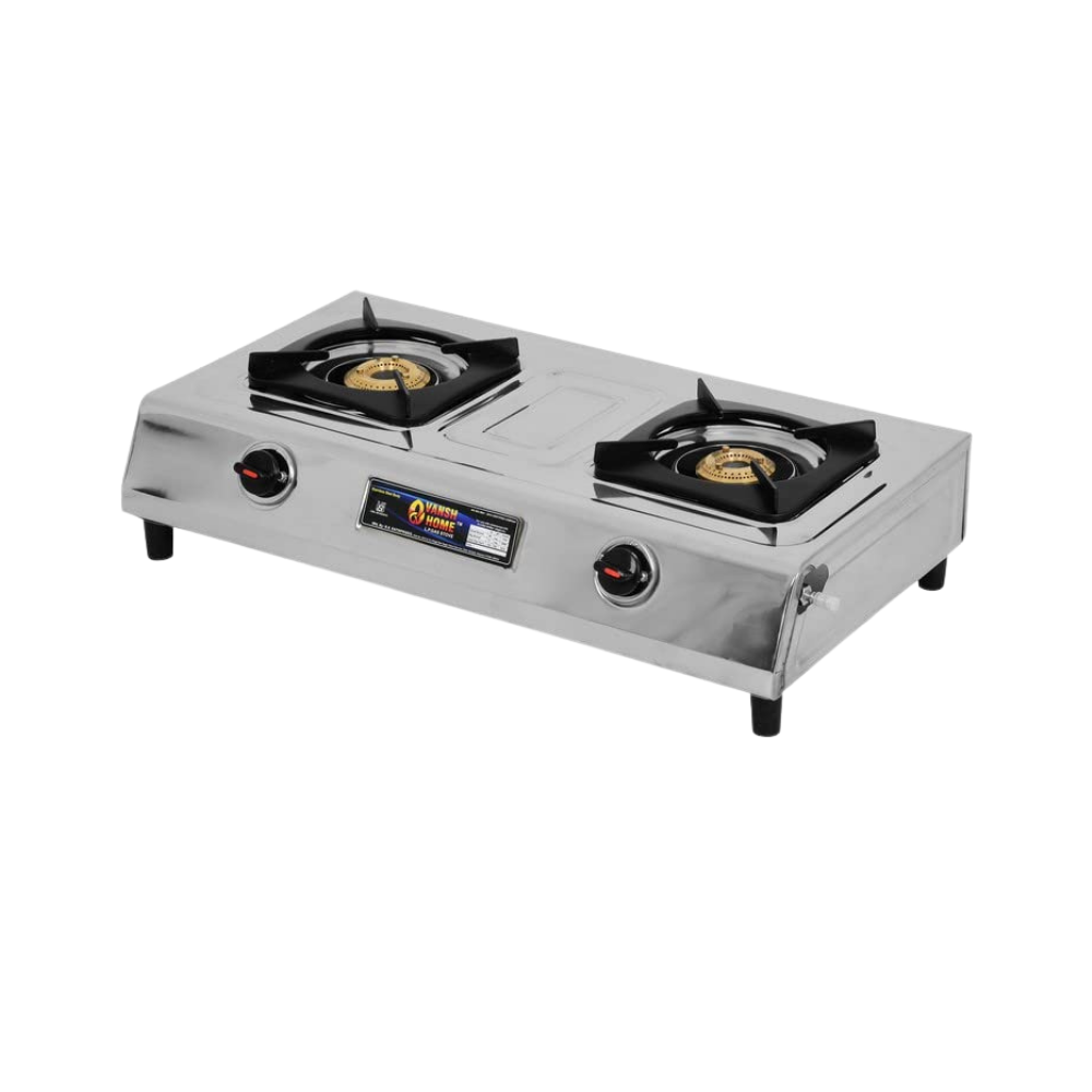 Vansh Homes Royal 2 Burner Stainless Steel LPG Gas Stove – High-Powered Brass Burners, Manual Ignition, ISI Certified, 360° Rotating Nozzle (VH-2B-203)
