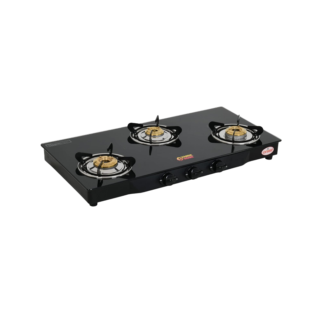 Vansh Homes 3 Burner Glass Top Gas Stove – Direct Flame Forged Brass Burners, Toughened Glass, ISI Certified, Easy Clean Design (VH-3B-301-GT)