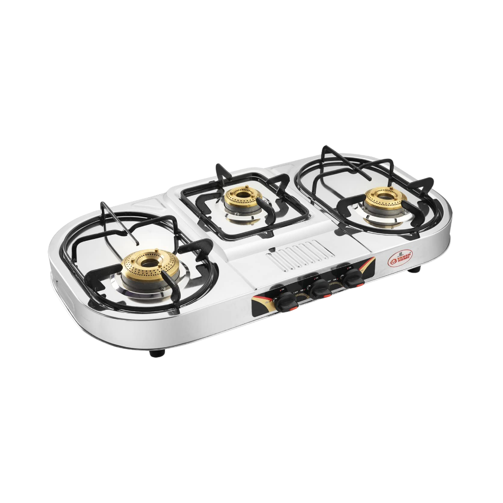 Vansh Homes Flame 3 Burner Stainless Steel LPG Gas Stove – TripleCook Cooktop, High-Efficiency Brass Burners, BIS Certified (VH-3B-301)