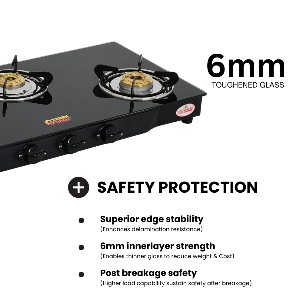 Vansh Homes 3 Burner Glass Top Gas Stove – Direct Flame Forged Brass Burners, Toughened Glass, ISI Certified, Easy Clean Design (VH-3B-301-GT)