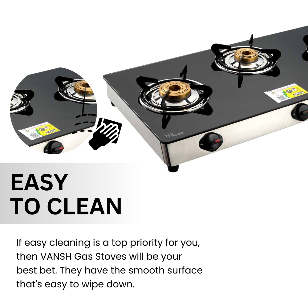 Vansh Homes 3 Burner Glass Top Gas Stove – Direct Flame Forged Brass Burners, Toughened Glass, ISI Certified, Easy Clean Design (VH-3B-302-GT)