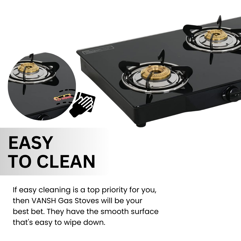 Vansh Homes 3 Burner Glass Top Gas Stove – Direct Flame Forged Brass Burners, Toughened Glass, ISI Certified, Easy Clean Design (VH-3B-301-GT)