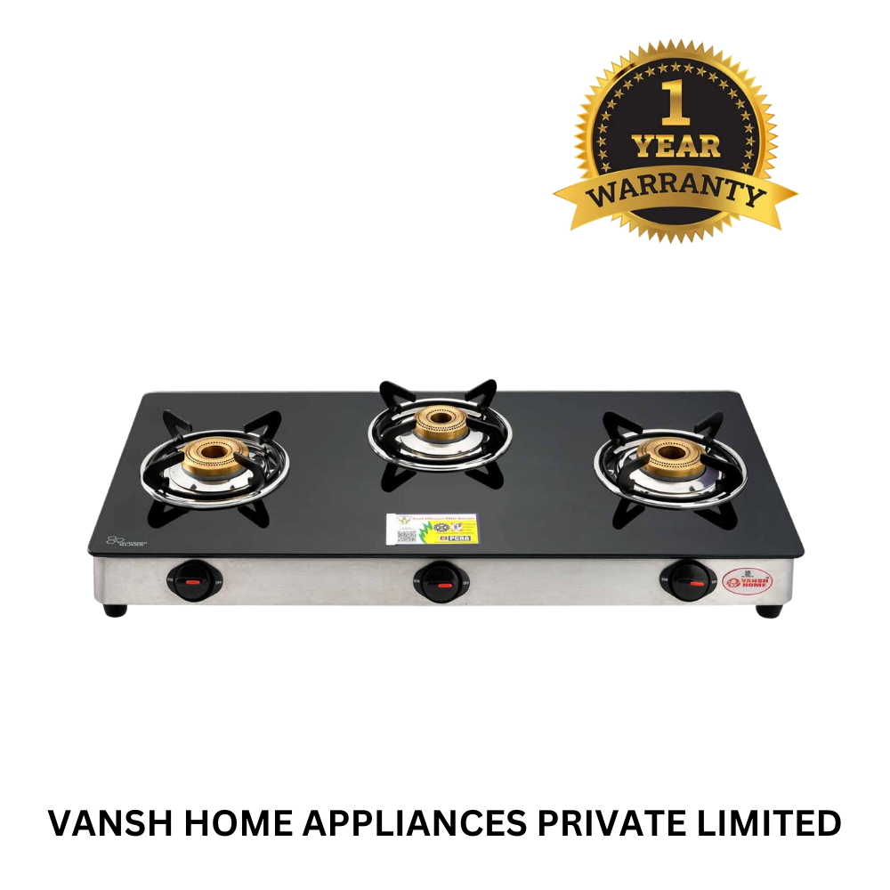Vansh Homes 3 Burner Glass Top Gas Stove – Direct Flame Forged Brass Burners, Toughened Glass, ISI Certified, Easy Clean Design (VH-3B-302-GT)