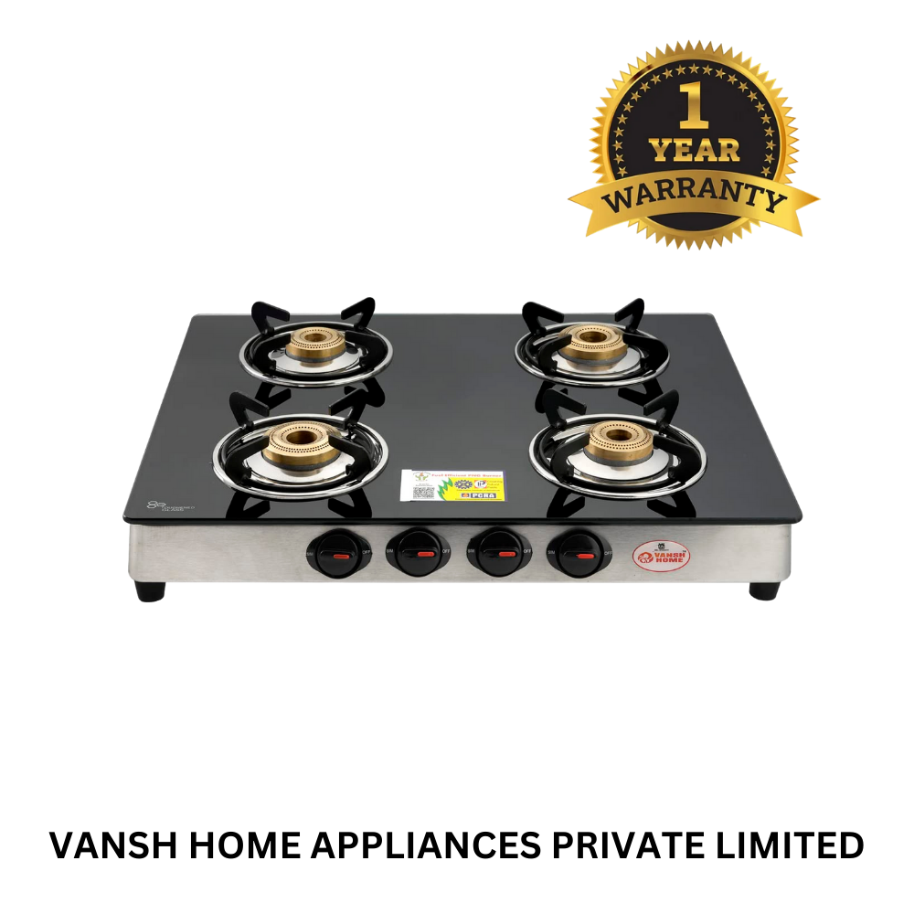 Vansh Home Glass Top Gas Stove, 4 Burner Gas Stove, Black (ISI Certified,1 year warranty) (VH-4B-402 GT)