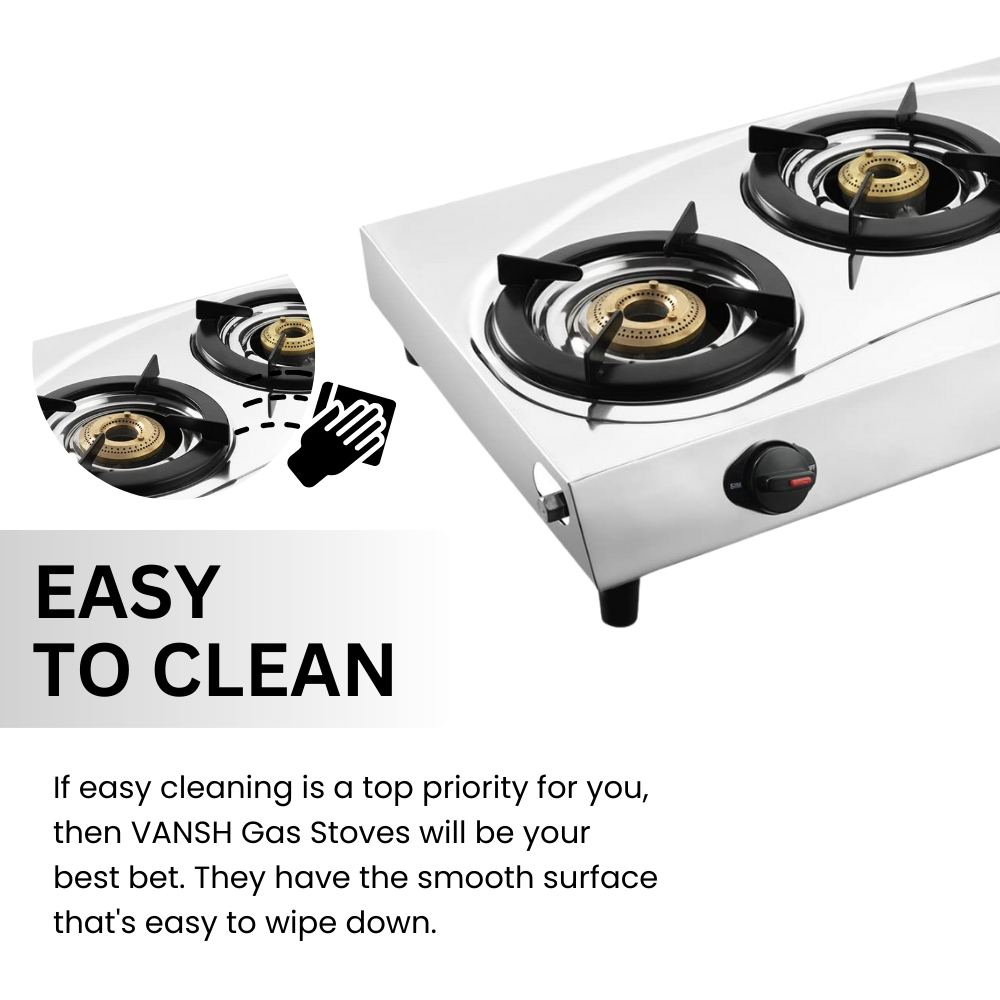 Vansh Homes Flame 3 Burner Stainless Steel LPG Gas Stove – TripleCook Cooktop, High-Efficiency Brass Burners, BIS Certified (VH-3B-304)