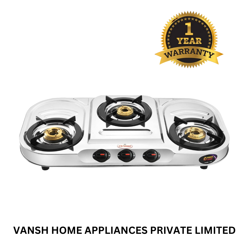 Vansh Homes Flame 3 Burner Stainless Steel LPG Gas Stove – TripleCook Cooktop, High-Efficiency Brass Burners, BIS Certified (VH-3B-302)
