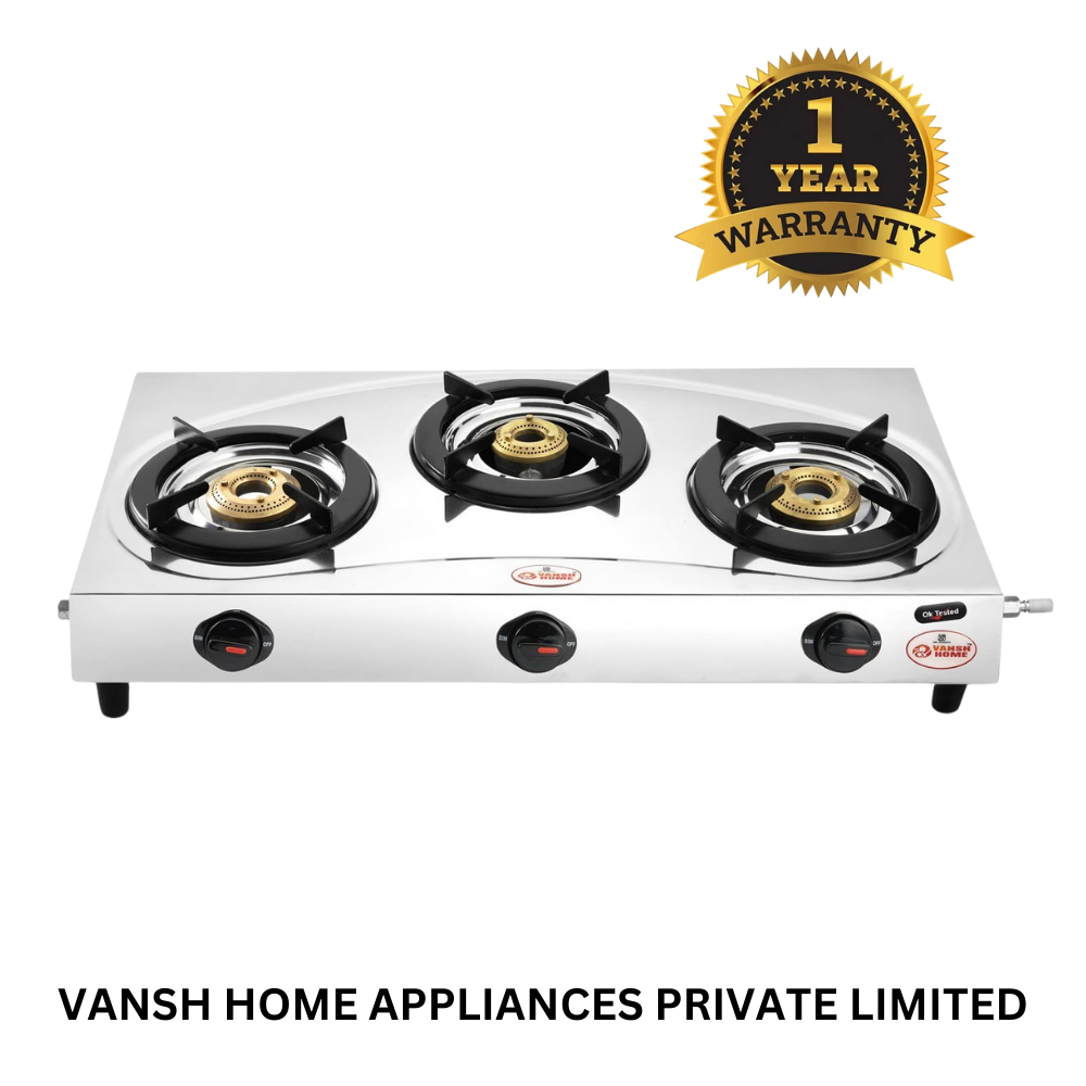 Vansh Homes Flame 3 Burner Stainless Steel LPG Gas Stove – TripleCook Cooktop, High-Efficiency Brass Burners, BIS Certified (VH-3B-304)
