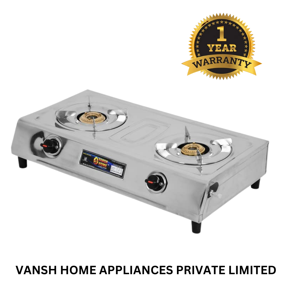 Vansh Homes Royal 2 Burner Stainless Steel LPG Gas Stove – High-Powered Brass Burners, Manual Ignition, ISI Certified, 360° Rotating Nozzle (VH-2B-204)