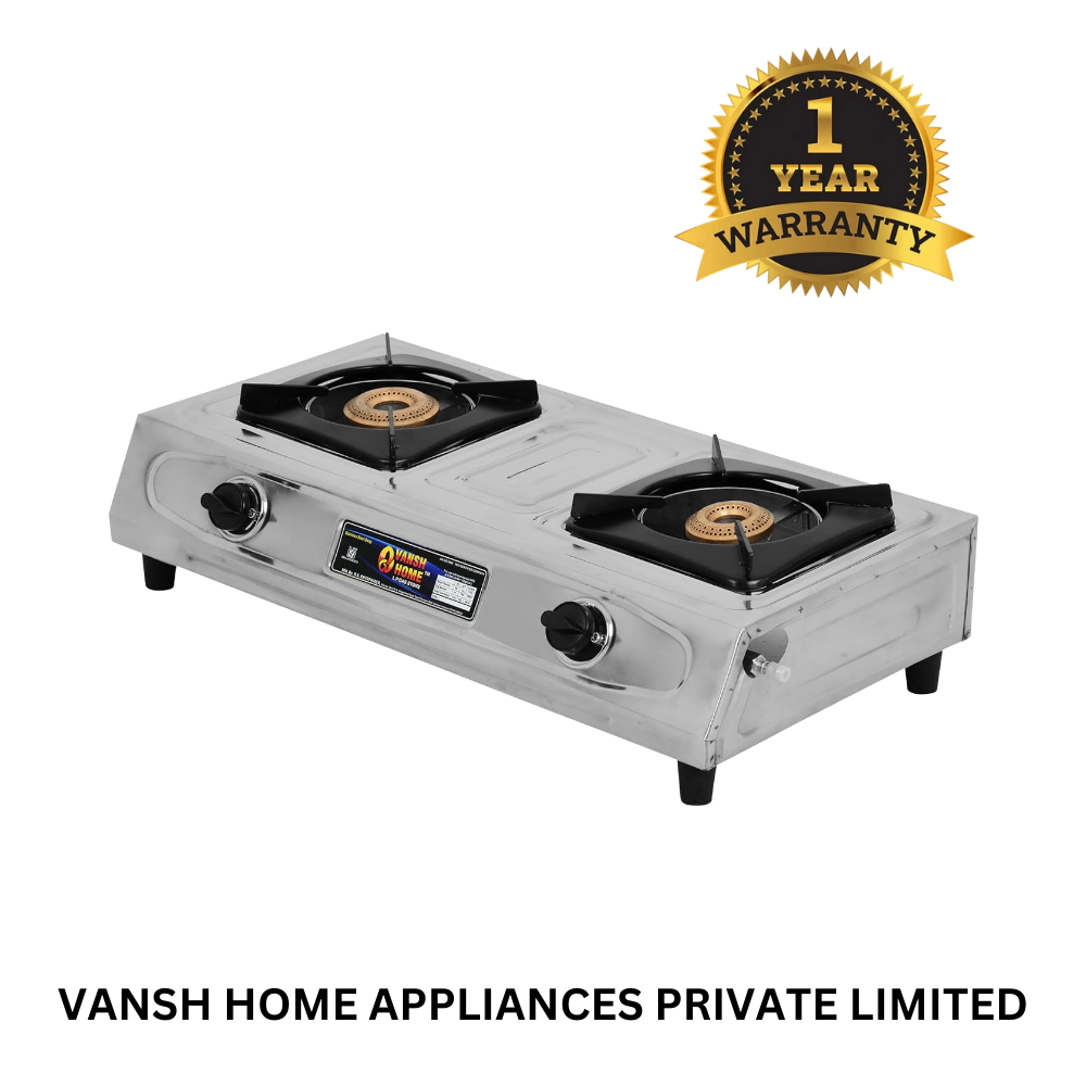 Vansh Homes Royal 2 Burner Stainless Steel LPG Gas Stove – High-Powered Brass Burners, Manual Ignition, ISI Certified, 360° Rotating Nozzle (VH-2B-202)