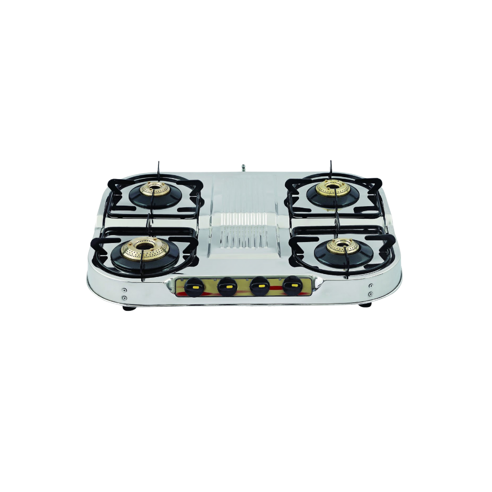 Vansh Homes Royal 4 Burner Stainless Steel LPG Gas Stove – High-Powered Brass Burners, Manual Ignition, ISI Certified, 360° Rotating Nozzle (VH-4B-401)