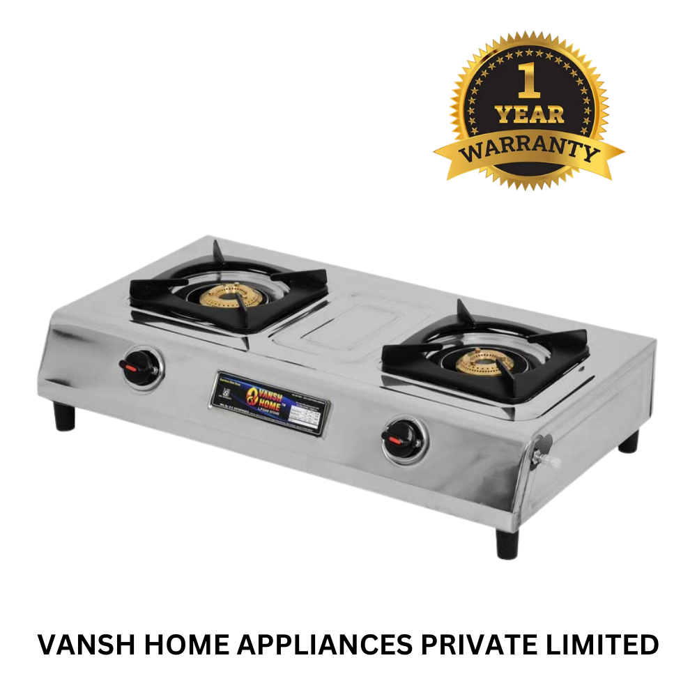 Vansh Homes Royal 2 Burner Stainless Steel LPG Gas Stove – High-Powered Brass Burners, Manual Ignition, ISI Certified, 360° Rotating Nozzle (VH-2B-203)