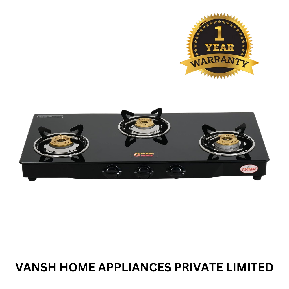 Vansh Homes 3 Burner Glass Top Gas Stove – Direct Flame Forged Brass Burners, Toughened Glass, ISI Certified, Easy Clean Design (VH-3B-301-GT)