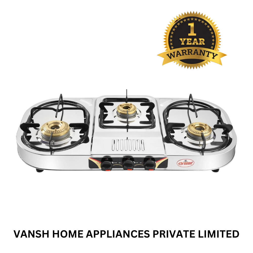 Vansh Homes Flame 3 Burner Stainless Steel LPG Gas Stove – TripleCook Cooktop, High-Efficiency Brass Burners, BIS Certified (VH-3B-301)