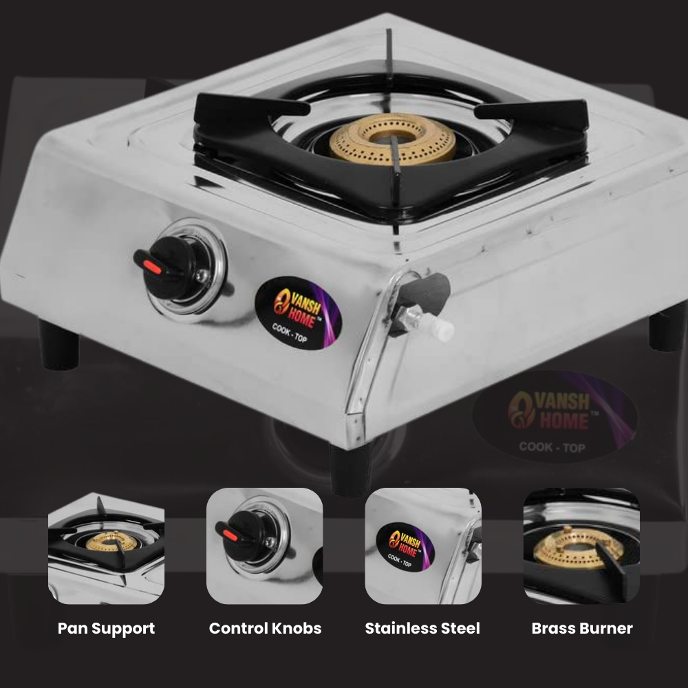 Vansh Homes Supreme Single Burner Manual LPG Gas Stove – Stainless Steel Body, High-Efficiency Brass Burner, ISI Certified, PNG Ready (VH-1B-102)