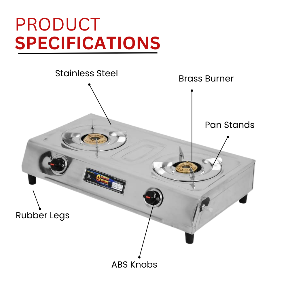 Vansh Homes Royal 2 Burner Stainless Steel LPG Gas Stove – High-Powered Brass Burners, Manual Ignition, ISI Certified, 360° Rotating Nozzle (VH-2B-204)