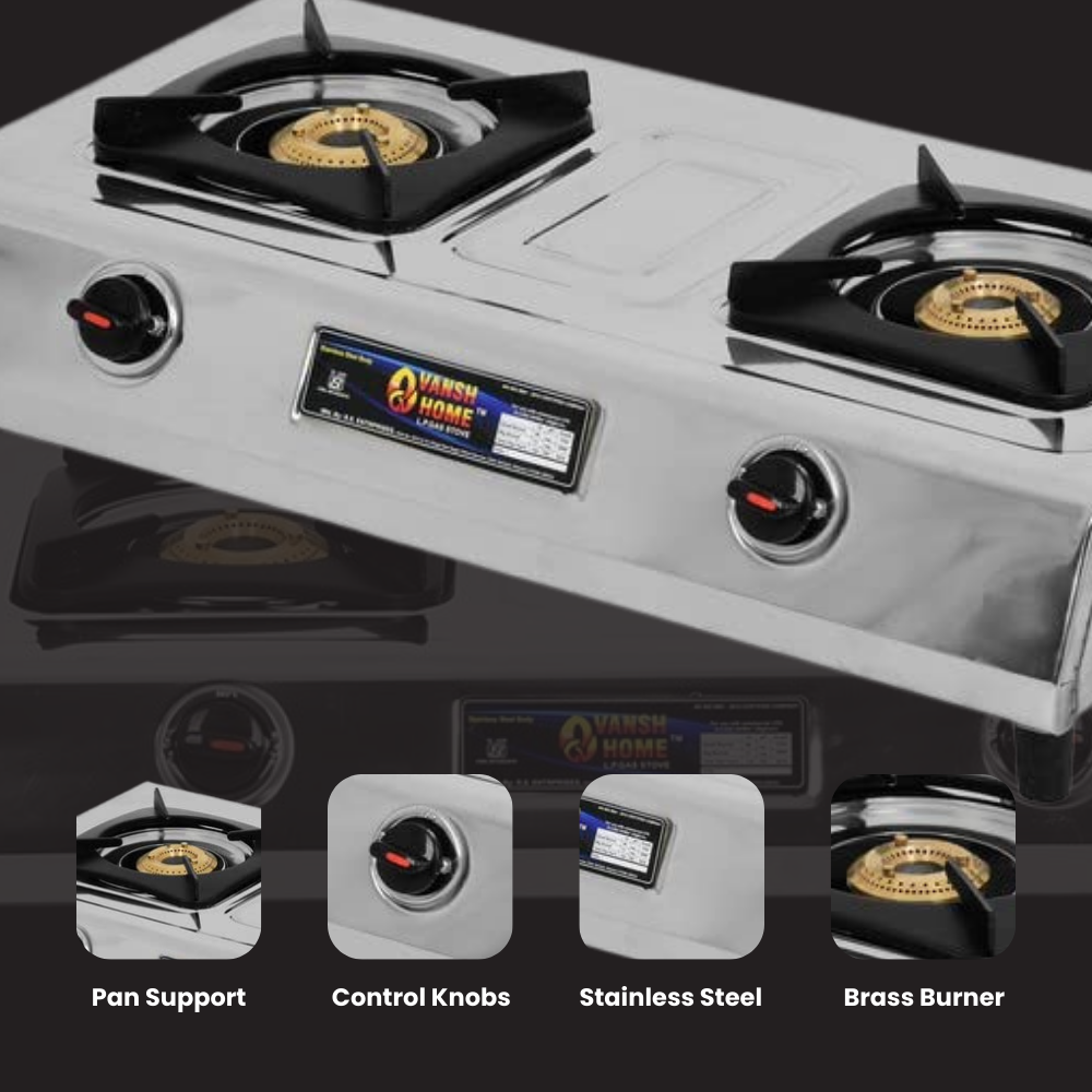 Vansh Homes Royal 2 Burner Stainless Steel LPG Gas Stove – High-Powered Brass Burners, Manual Ignition, ISI Certified, 360° Rotating Nozzle (VH-2B-203)