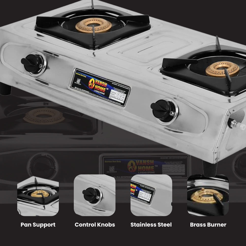 Vansh Homes Royal 2 Burner Stainless Steel LPG Gas Stove – High-Powered Brass Burners, Manual Ignition, ISI Certified, 360° Rotating Nozzle (VH-2B-202)