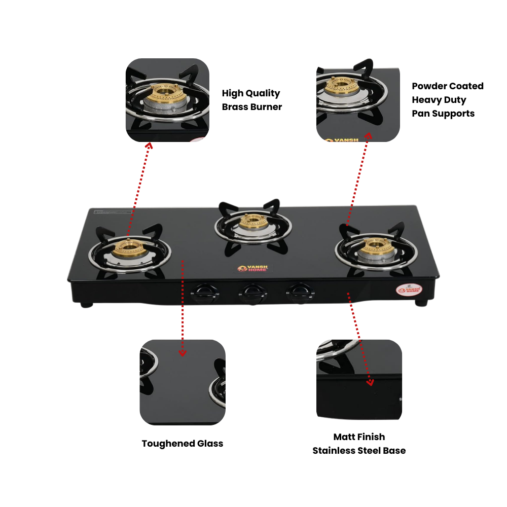 Vansh Homes 3 Burner Glass Top Gas Stove – Direct Flame Forged Brass Burners, Toughened Glass, ISI Certified, Easy Clean Design (VH-3B-301-GT)