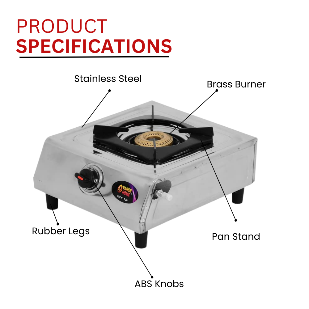 Vansh Homes Supreme Single Burner Manual LPG Gas Stove – Stainless Steel Body, High-Efficiency Brass Burner, ISI Certified, PNG Ready (VH-1B-102)