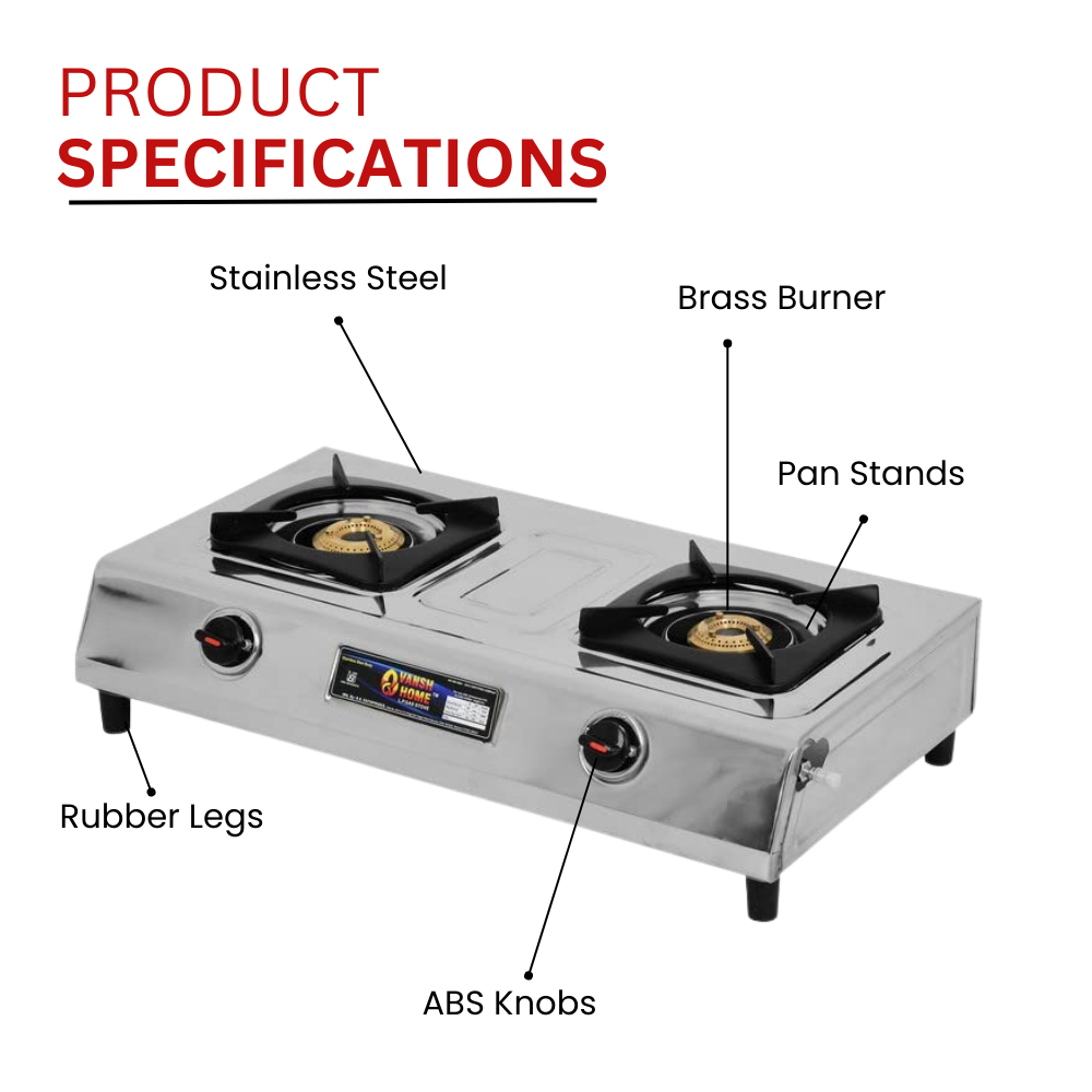 Vansh Homes Royal 2 Burner Stainless Steel LPG Gas Stove – High-Powered Brass Burners, Manual Ignition, ISI Certified, 360° Rotating Nozzle (VH-2B-203)