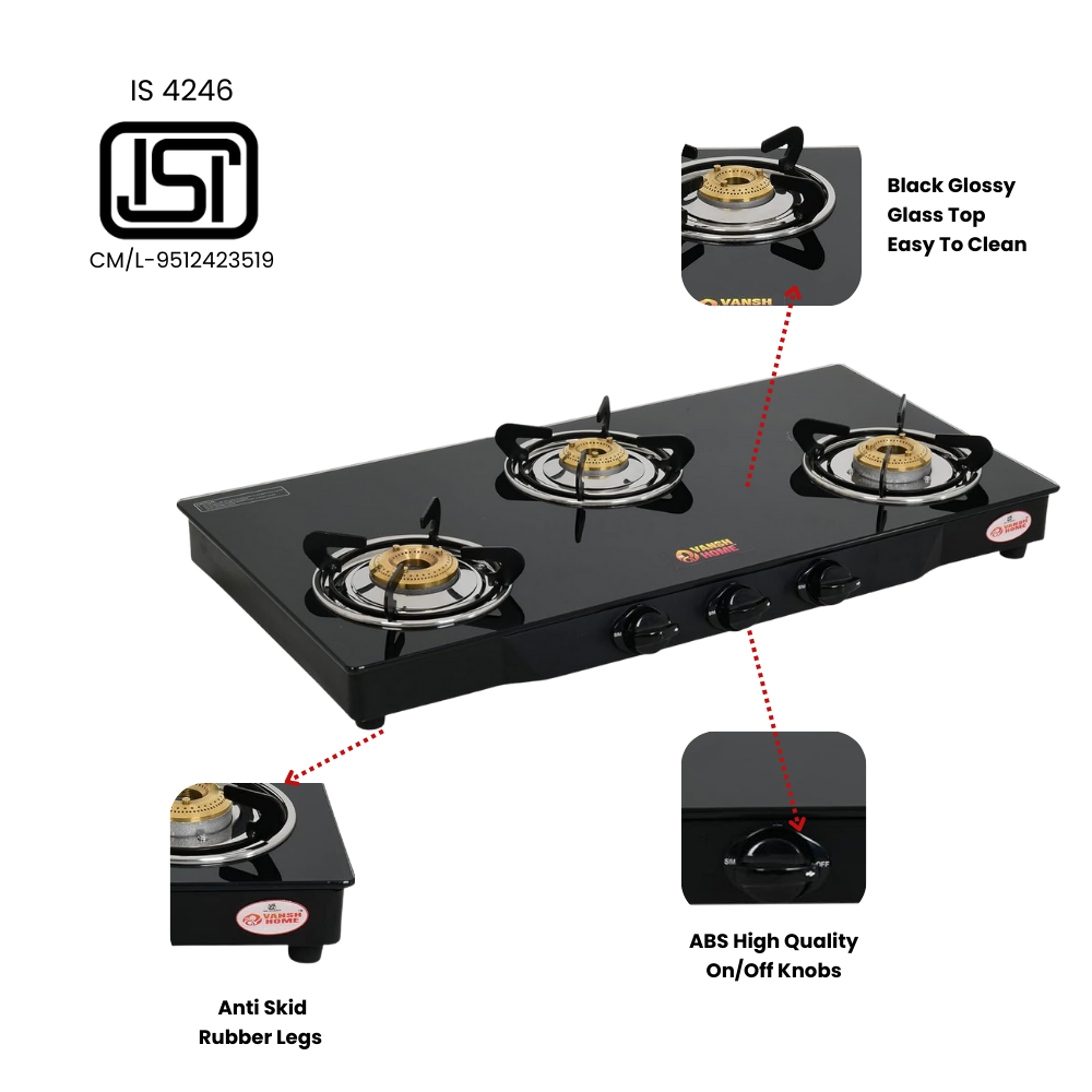 Vansh Homes 3 Burner Glass Top Gas Stove – Direct Flame Forged Brass Burners, Toughened Glass, ISI Certified, Easy Clean Design (VH-3B-301-GT)