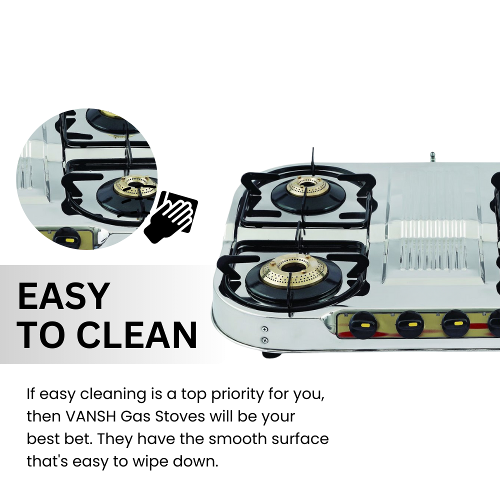 Vansh Homes Royal 4 Burner Stainless Steel LPG Gas Stove – High-Powered Brass Burners, Manual Ignition, ISI Certified, 360° Rotating Nozzle (VH-4B-401)