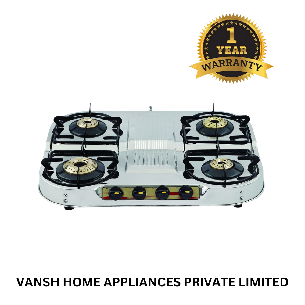 Vansh Homes Royal 4 Burner Stainless Steel LPG Gas Stove – High-Powered Brass Burners, Manual Ignition, ISI Certified, 360° Rotating Nozzle (VH-4B-401)