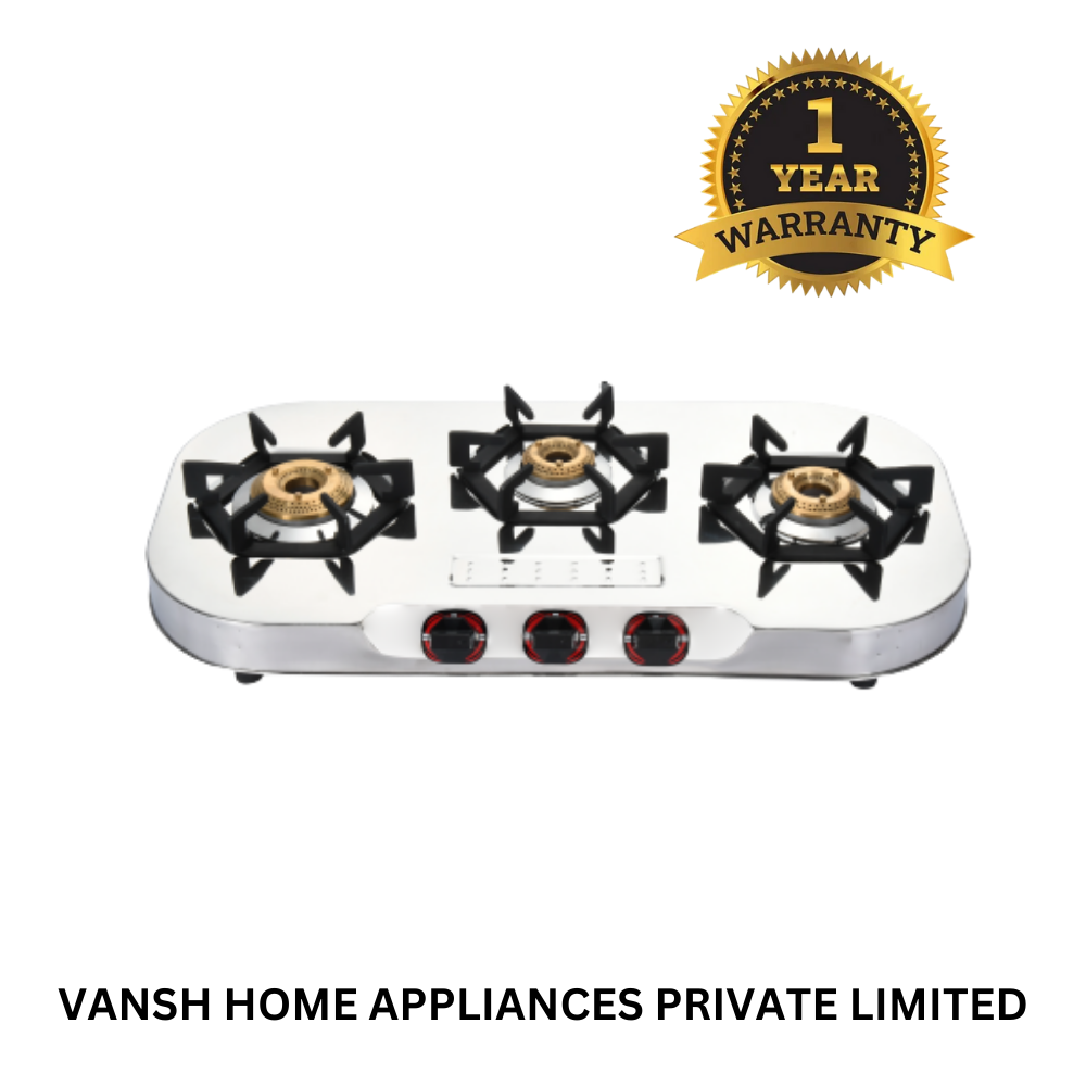Vansh Homes Flame 3 Burner Stainless Steel LPG Gas Stove – TripleCook Cooktop, High-Efficiency Brass Burners, BIS Certified (VH-3B-303)