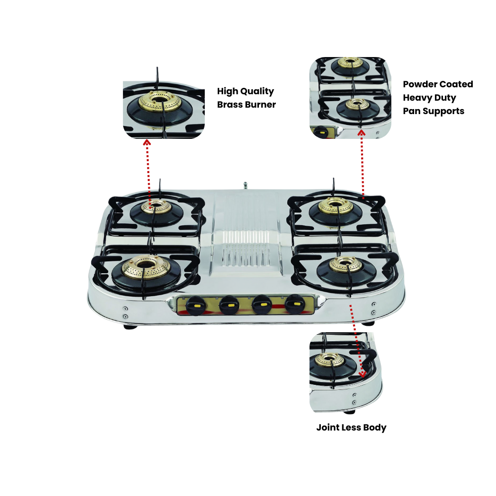 Vansh Homes Royal 4 Burner Stainless Steel LPG Gas Stove – High-Powered Brass Burners, Manual Ignition, ISI Certified, 360° Rotating Nozzle (VH-4B-401)