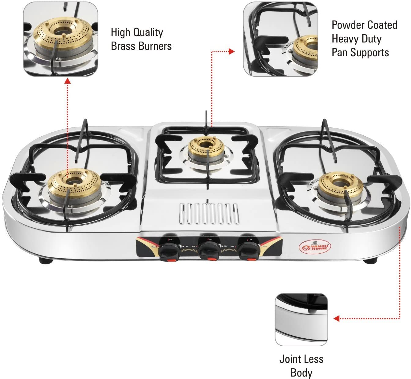 Vansh Homes Flame 3 Burner Stainless Steel LPG Gas Stove – TripleCook Cooktop, High-Efficiency Brass Burners, BIS Certified (VH-3B-301)
