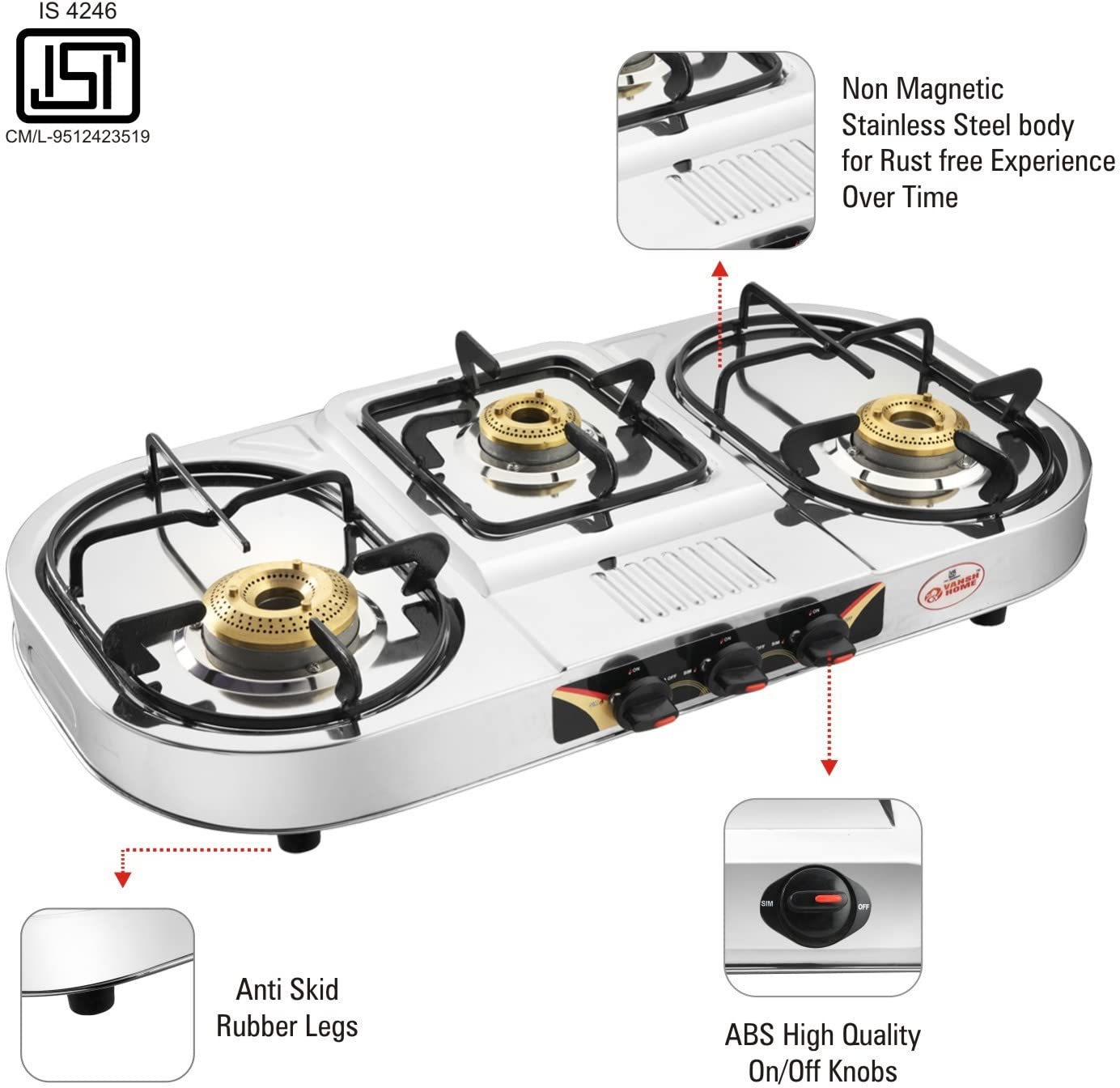 Vansh Homes Flame 3 Burner Stainless Steel LPG Gas Stove – TripleCook Cooktop, High-Efficiency Brass Burners, BIS Certified (VH-3B-301)