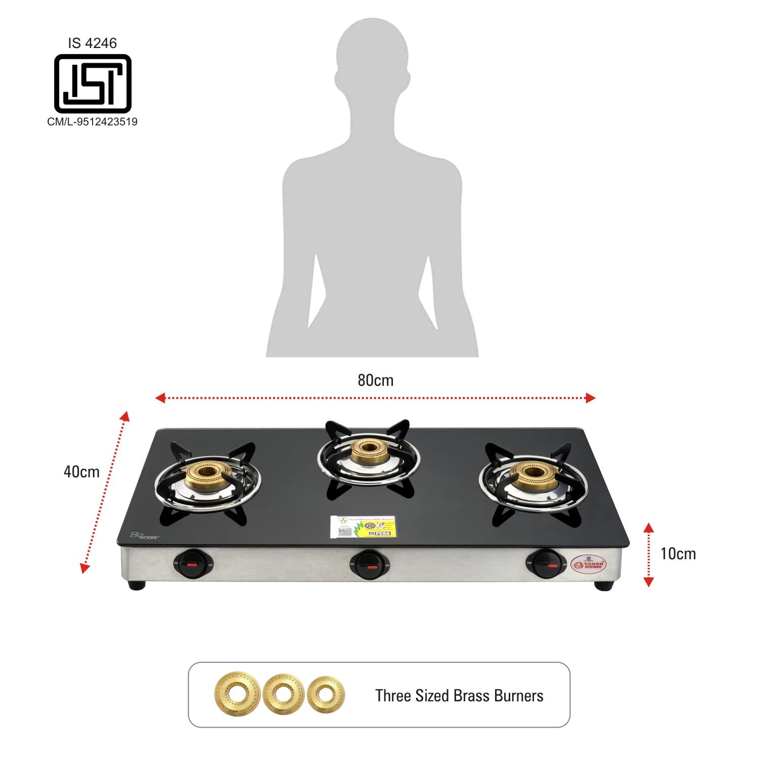 Vansh Homes 3 Burner Glass Top Gas Stove – Direct Flame Forged Brass Burners, Toughened Glass, ISI Certified, Easy Clean Design (VH-3B-302-GT)