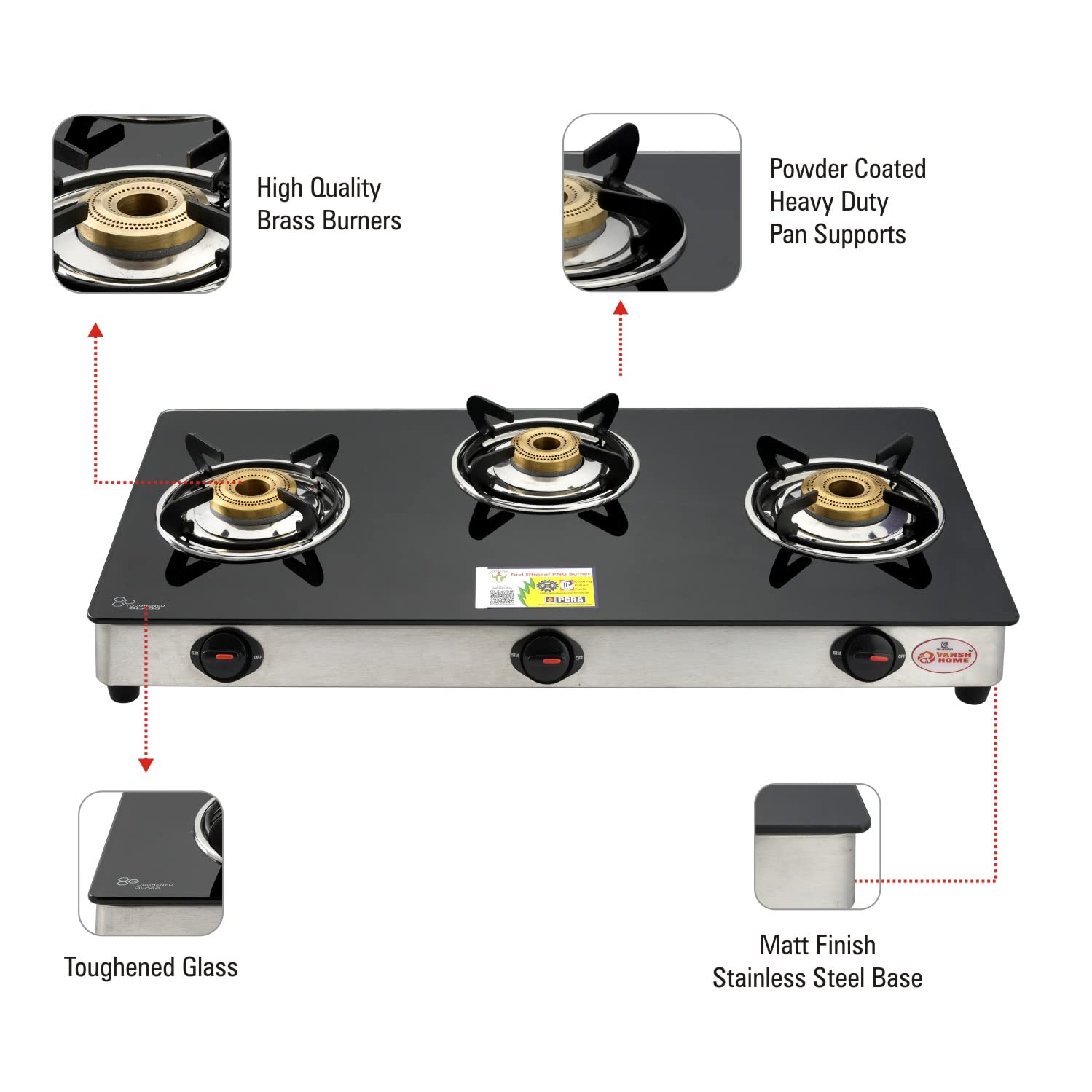 Vansh Homes 3 Burner Glass Top Gas Stove – Direct Flame Forged Brass Burners, Toughened Glass, ISI Certified, Easy Clean Design (VH-3B-302-GT)