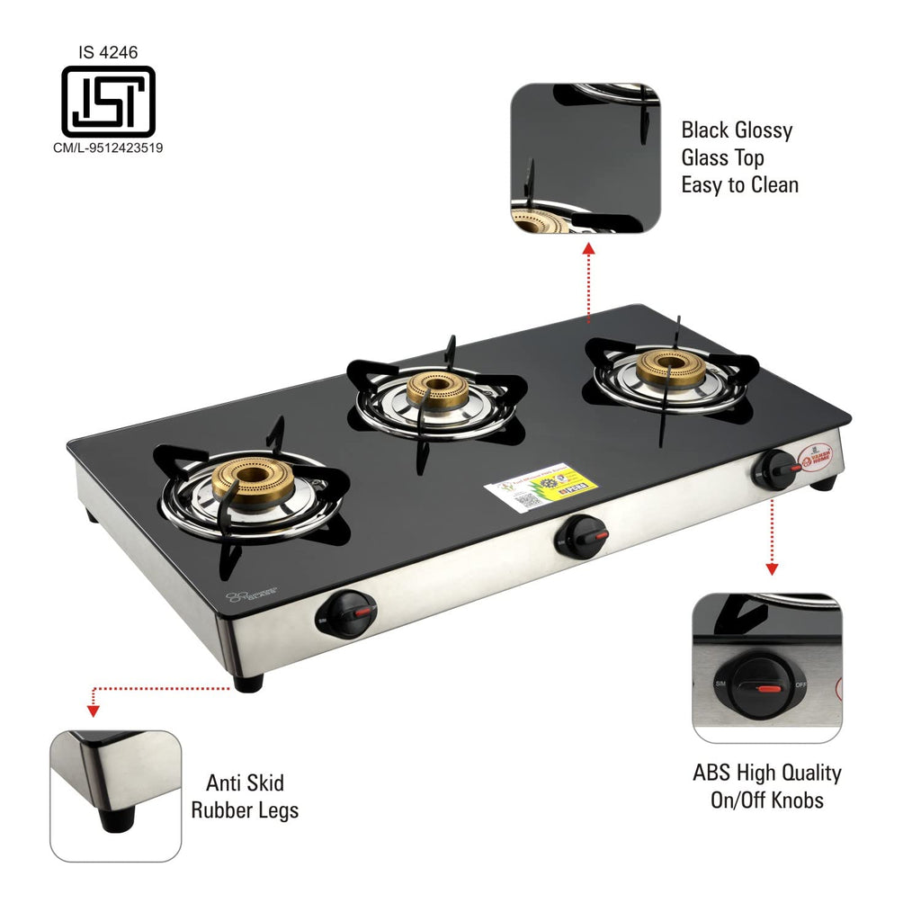 Vansh Homes 3 Burner Glass Top Gas Stove – Direct Flame Forged Brass Burners, Toughened Glass, ISI Certified, Easy Clean Design (VH-3B-302-GT)