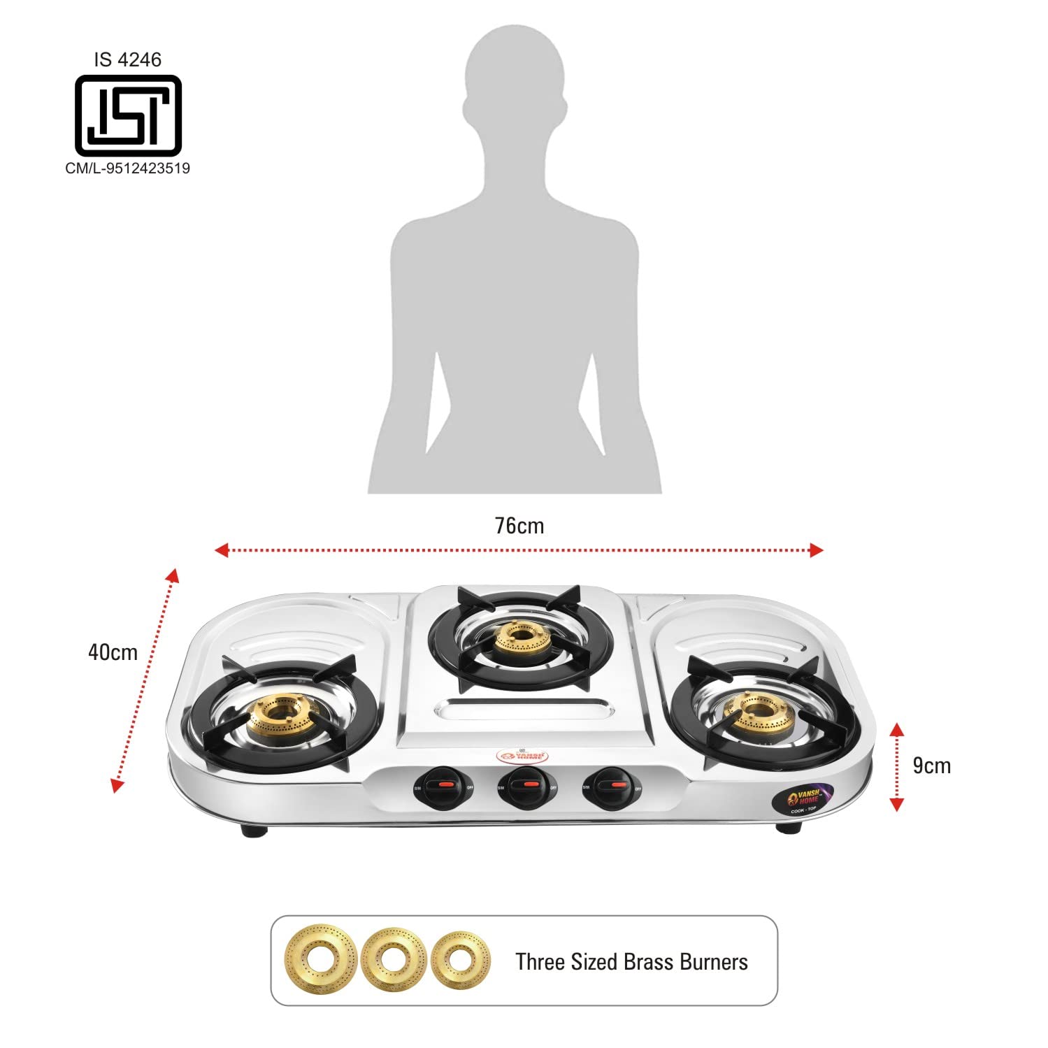 Vansh Homes Flame 3 Burner Stainless Steel LPG Gas Stove – TripleCook Cooktop, High-Efficiency Brass Burners, BIS Certified (VH-3B-302)