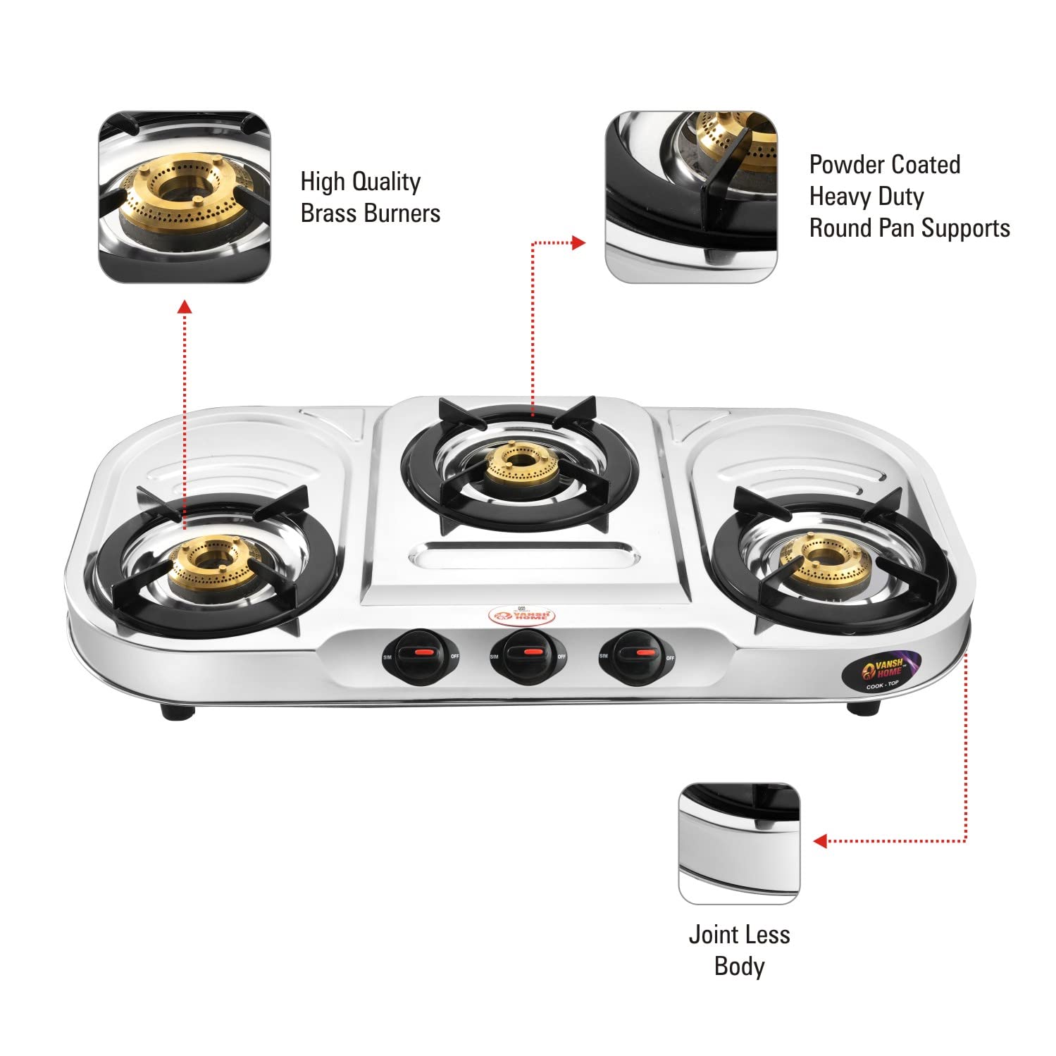Vansh Homes Flame 3 Burner Stainless Steel LPG Gas Stove – TripleCook Cooktop, High-Efficiency Brass Burners, BIS Certified (VH-3B-302)