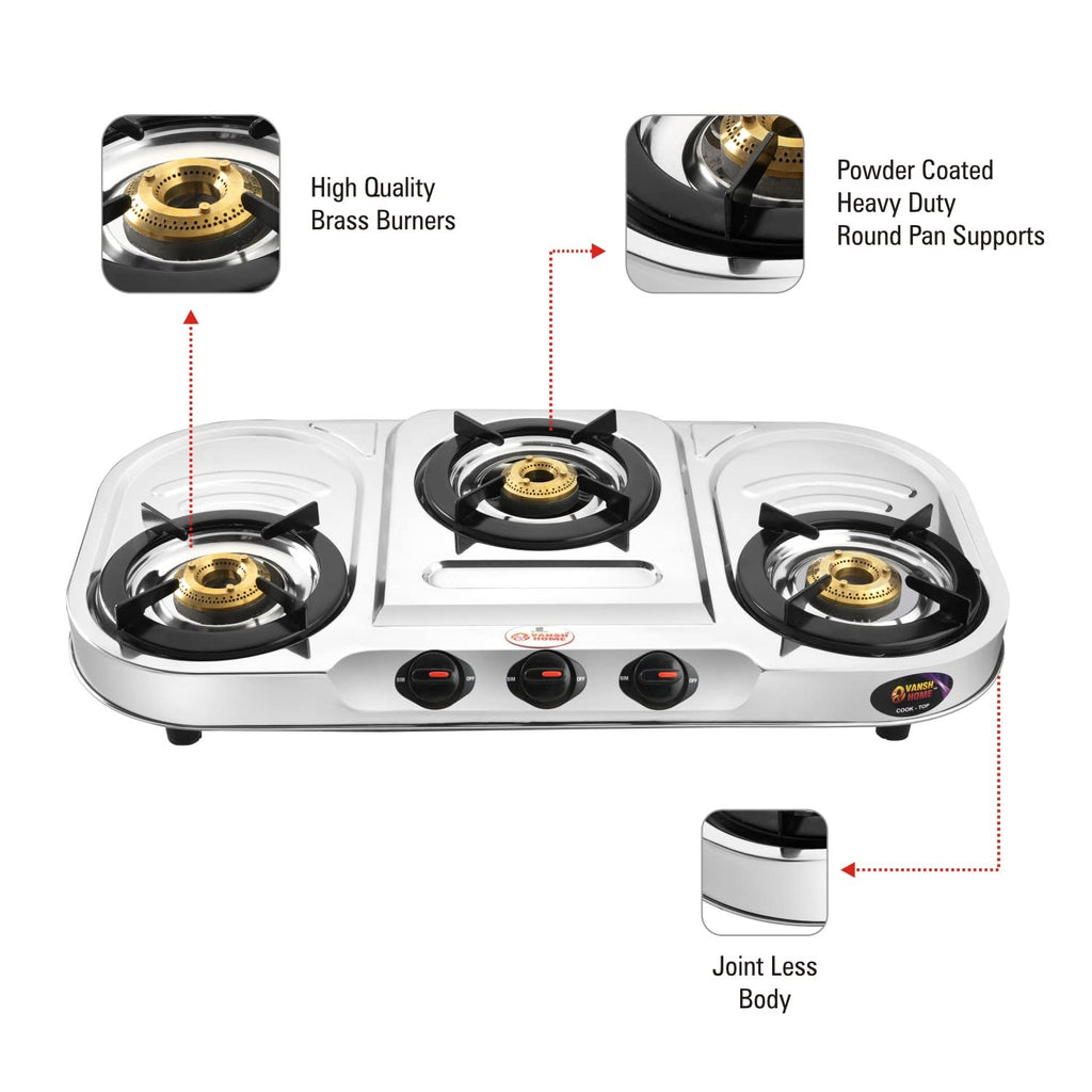 Vansh Homes Flame 3 Burner Stainless Steel LPG Gas Stove – TripleCook Cooktop, High-Efficiency Brass Burners, BIS Certified (VH-3B-302)