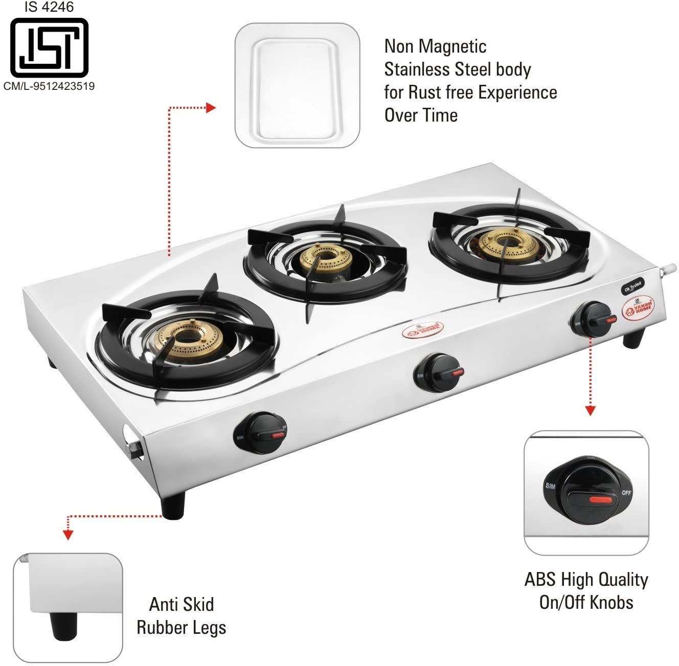 Vansh Homes Flame 3 Burner Stainless Steel LPG Gas Stove – TripleCook Cooktop, High-Efficiency Brass Burners, BIS Certified (VH-3B-304)